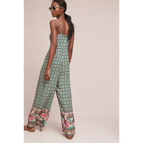Farm Rio Women's Jumpsuit Green Tile Floral Border Spaghetti Strap Size S