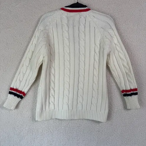 Vintage Full Fashioned Sweater Womens Medium Cable Knit Cardigan 80s Red Blue White
