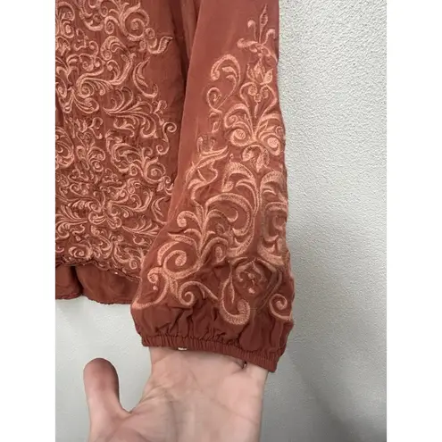 Savanna Jane Embroidered Long Sleeve Peasant Top Small Rust Boho Balloon Sleeve Brown