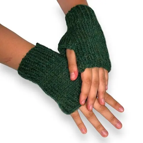 Handmade Womens Handcrafted Fingerless Glove Knit Solid Green Lightweight OS