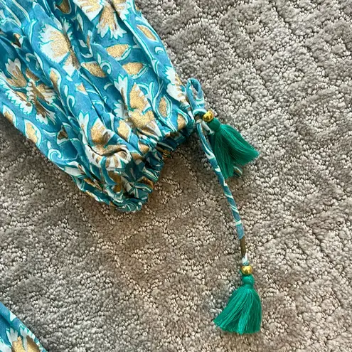 NWOT Oliphant Teal Floral Tiered Mini Dress Hand Block Print, Size Small Blue