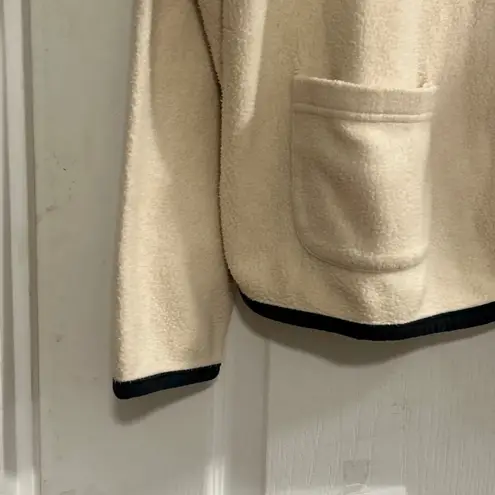LL Bean Cream Fleece Cardigan Jacket Black Trim Button Front Pockets Large