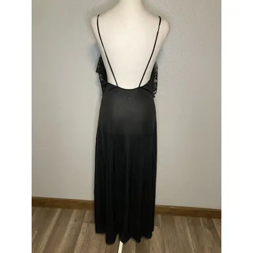 Vintage Nightgown M Black Sexy Long Nylon Satin Lace Slip Dress Spaghetti Strap Size M