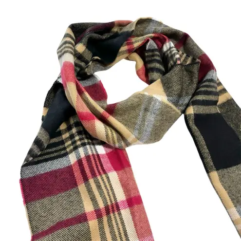 Women’s Better Than Cashmere red tan black plaid fringe scarf