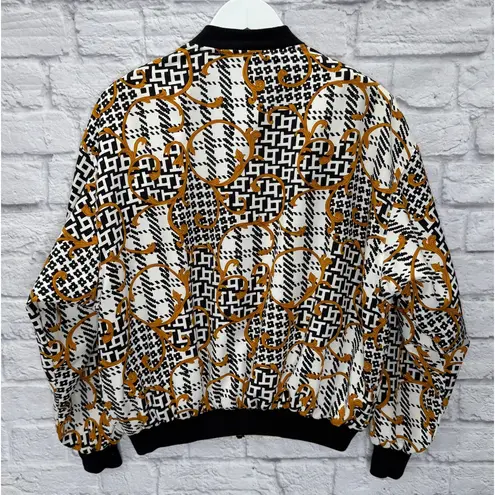 Notations Womens Silk Bomber Jacket Size M White Houndstooth Gold Baroque Swirl