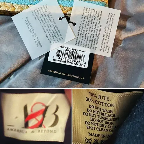 AMERICA & BEYOND Sunset Striped Staw Woven Jute Clutch Purse Tan Blue OS NWT