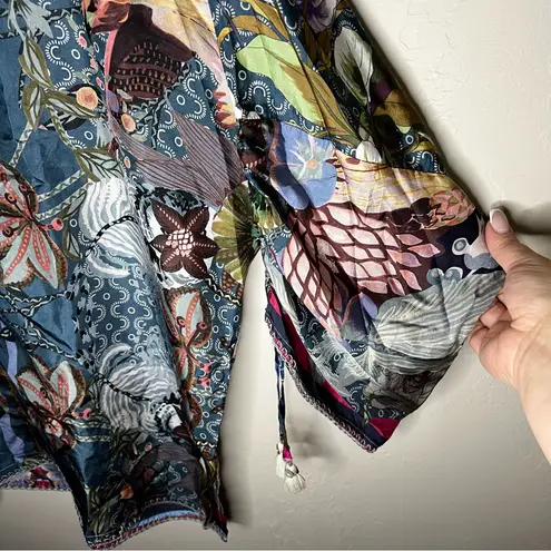 Johnny Was Aran Georgia 100% Silk Floral Boho Ruched Sleeves Tassel Trim Top