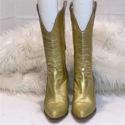 Fiorucci Vintage Gold Leather Cowboy Cowgirl Boots Vntg size 37 Rare Metallic