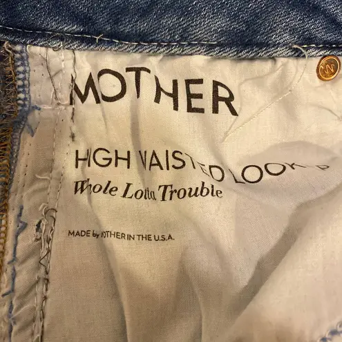 MOTHER Denim High Waisted Looker Jeans, Distressed Ripped Light Blue Wash, 25