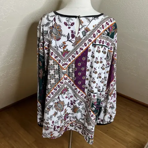 Calvin Klein  Blouse Womens 2X White Floral Multicolor Black Faux Leather Trim