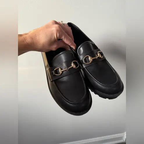 Sincerely Jules Black Loafers Romeo Slip On Shoes Gold Accents Chunky Platform 8