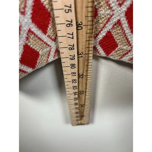 J. McLaughlin Fontaine Long Cardigan Large Red Gold Metallic Jacquard Holiday