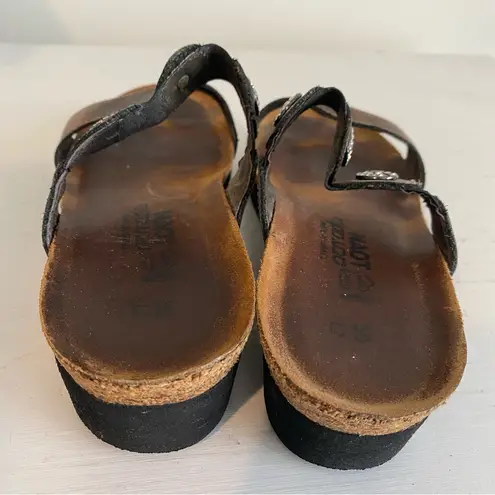 NAOT Marissa Metallic Bronze Strap Rhinestone Wedge Heel Leather Boho Sandal Size 7.5