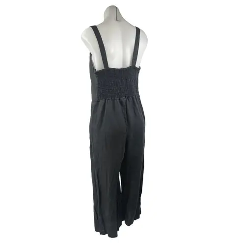 Faithfull the Brand Black Linen Sleeveless Button Front Wide Leg Crop Jumpsuit M