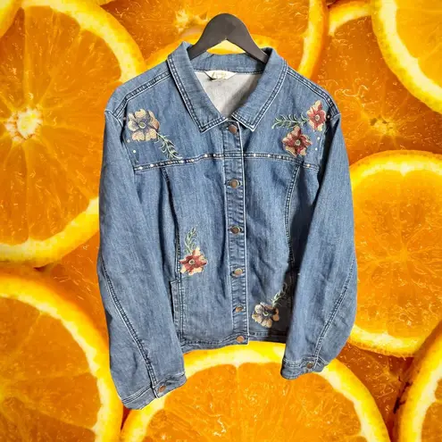 CJ Banks Denim Jacket Embroidered Floral Studded Jean Jacket 3X Blue Size undefined