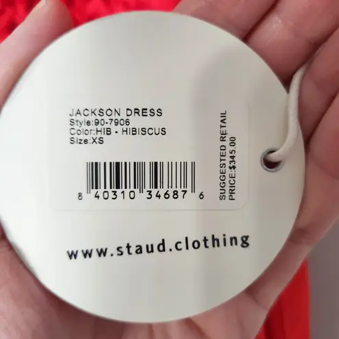 STAUD Jackson Hibiscus Red Smocked Midi Dress Cotton Poplin Holiday Fit & Flare