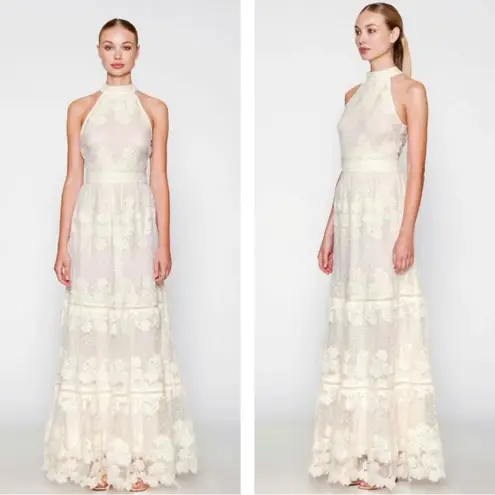 Champagne & Strawberry Tiered Maxi Dress With Crochet Trim & Floral Appliqué Tan