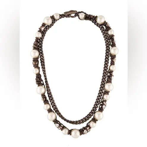 Givenchy Faux Pearl and Crystal Layered Bronze Necklace w Signed Toggle Clasp