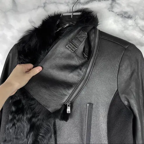 Boutique Ashley B Leather Shearling Wool Zipper Cowl Moto Biker Coat Jacket Black S $1795