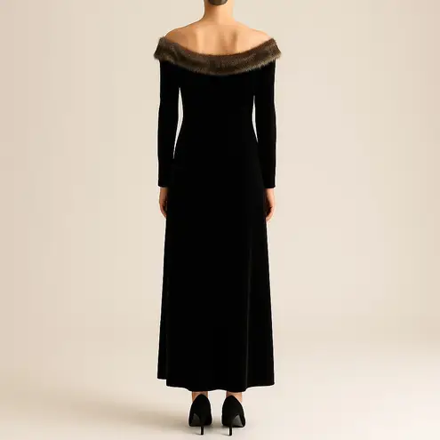 Onyx Nite Black Velvet Maxi Dress Faux Fur Trim Off Shoulder Long Sleeve 14 USA