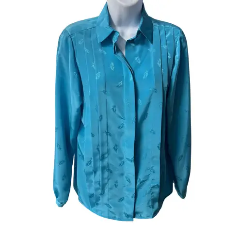 Vintage Feather Print Blouse with Belt Long Sleeve Button Up Top Medium Blue