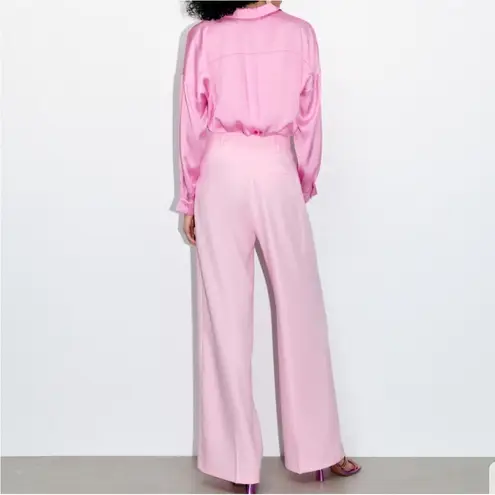 ZARA  High Waisted Wide Leg Pink Modal Trousers Pants Large - Image 13