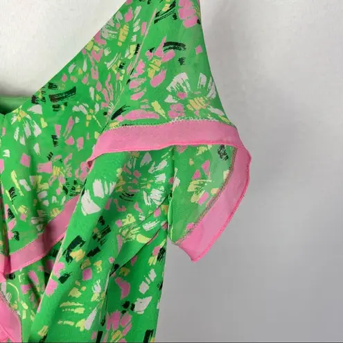 BCBGMAXAZRIA  Lime Green & Pink Y2K Silk Ruffle Cami Tank Top S