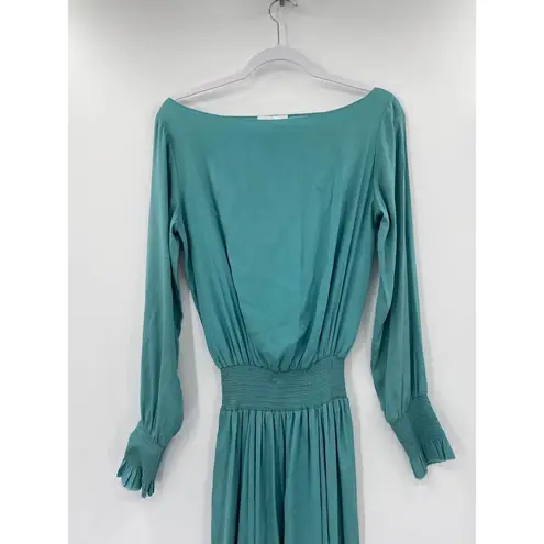 Alexie Clemence Dusty Aqua Blue Long Sleeve Smocked Silk Maxi Dress Size S