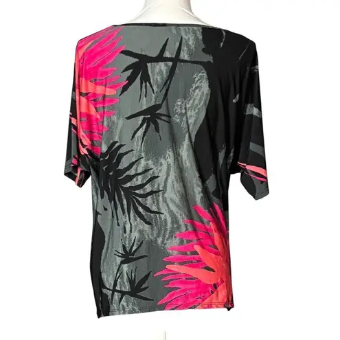 Clara Sun Woo Tunic Size XS Gray Pink Coral Angle Hem Lagenlook Floral Tropical