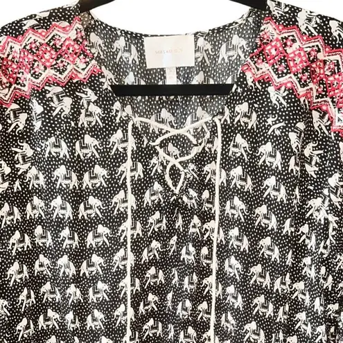 Skies Are Blue Womens Pullover Long Sleeve Lace Up Blouse Casual Top Black XS