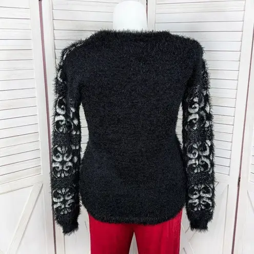 Celsius Premium Scroll Print Fuzzy Eyelash Knit Sweater Black XL