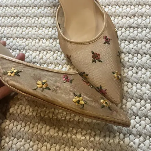 Reformation  Wilda Pointed Toe Kitten Mule in Embroidered Mesh