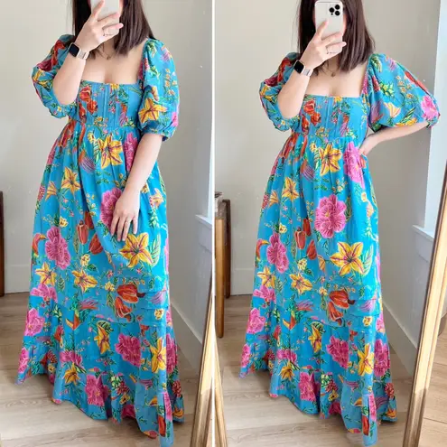 Farm Rio Toucans Garden Blue Floral Puff Sleeve Open Back Midi Dress XS