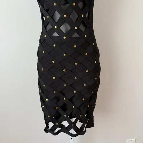Bebe  Black Studded Caged Bandage Bodycon Halter Neck Dress sz S petite Mob Wife