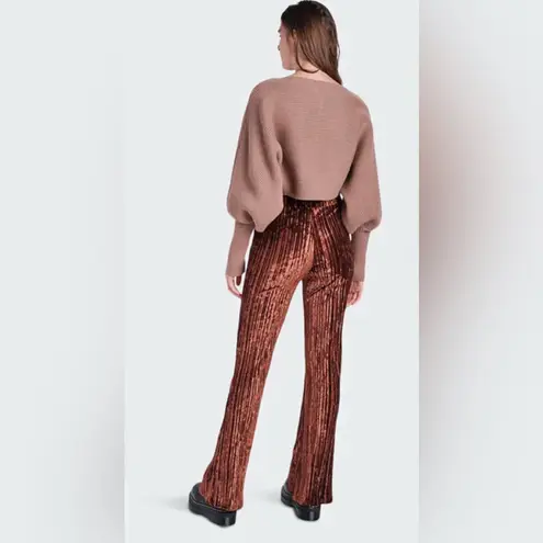 NWT En Saison Alexis Crushed Velvet Flared Pull On Pants Brown Metallic Bronze Size L