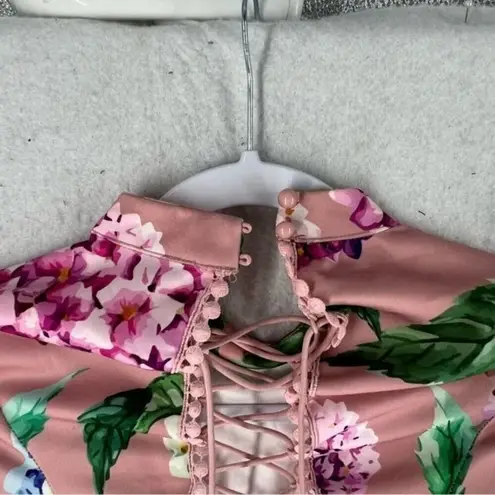 BANJUL Floral Print Mock Neck Lace-Up Back Dress