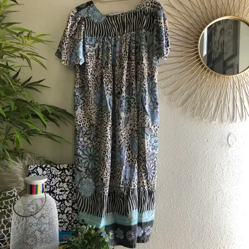 Vintage Blue and black floral animal cheetah leopard zebra granny maxi loose flowy milkmaid nightgown with a square neckline and short sleeves