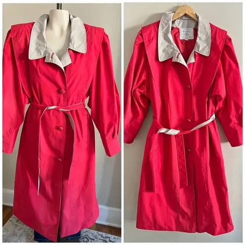 Vintage 80s/90s Mulberry Street Red Trench Coat Belted Jacket Contrast Collar Size 14