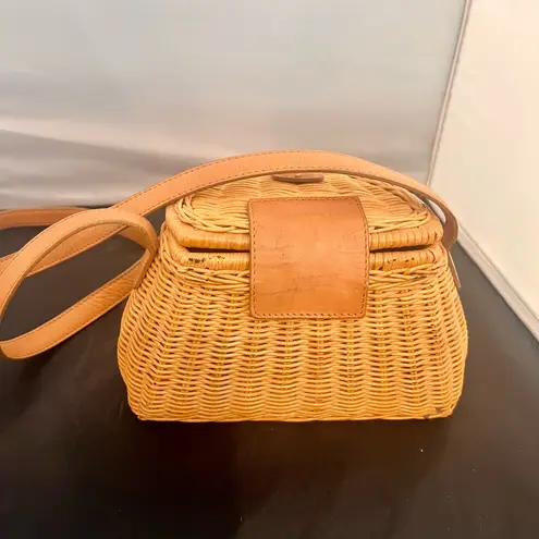 Etienne Aigner Leather Trim Natural Woven Rattan Creel Purse with Leather Trim