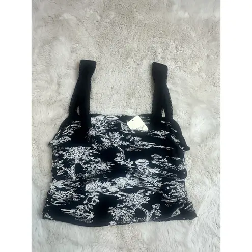 Free People NWT  Two Tone Ruched Floral Picot Trim Tank Top Black Combo Large