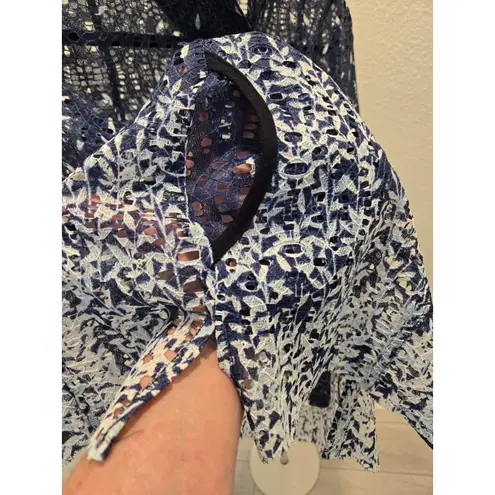 Trisha Tyler M Navy Lace Ombre Button Up Blouse Coastal Artsy Lagenlook Sheer Blue Size M