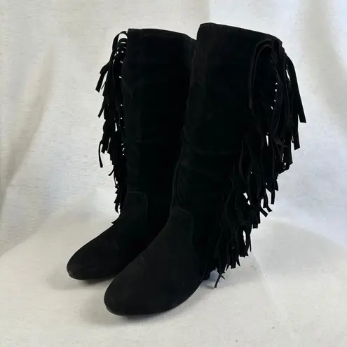 Black Suede Leather Fringe Slouch Boots Womens 6 Boho Western Festival Style