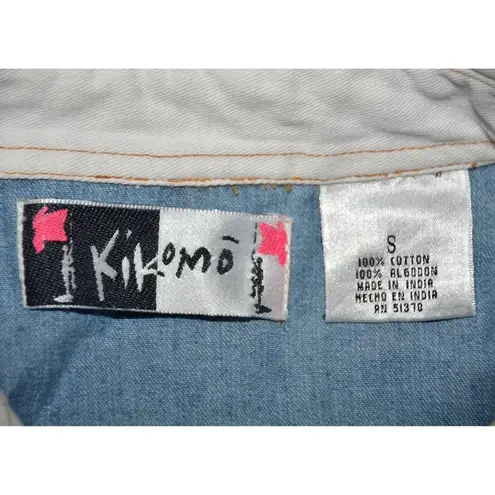 Vintage 90's Small Kikomo Denim Striped Shirt Sleeveless Button Leather Trim Top White