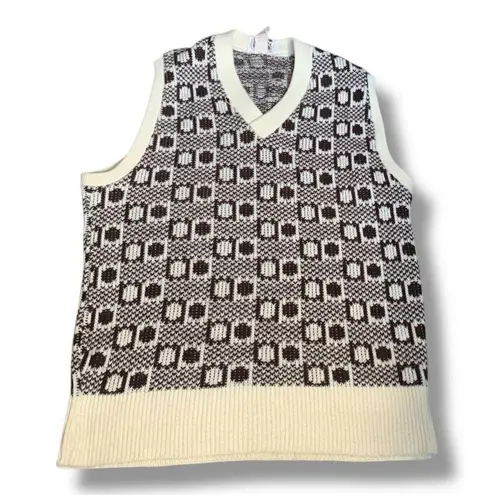 Vintage 70s Sweater Vest Brown Oatmeal Abstract Geometric Printed Knit Ribbed Size M