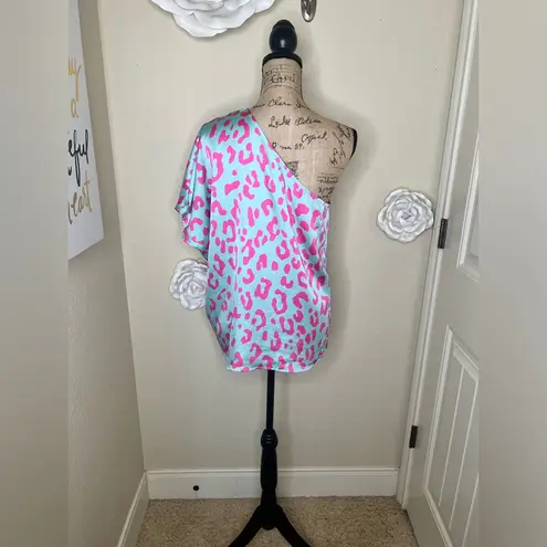 Entro NTM: One Shoulder Minty Blue with Pink Leopard Print Blouse Sz Small