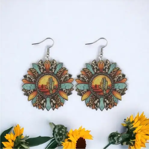 Sunflower shaped pendant drop‎ leopard pattern wooden hook earrings