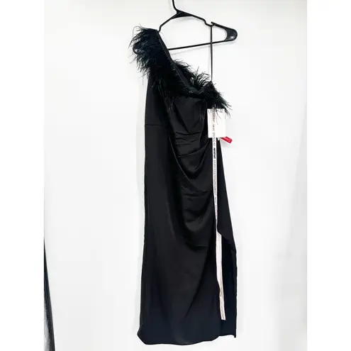 Mac Duggal 68147 Black Feather Trim One Shoulder Draped Midi Dress Size 10 NWT