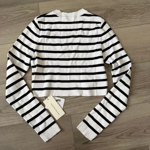 Commense Striped Casual Strech Crop Bodycon Knit Top Black White Stripe L Size L
