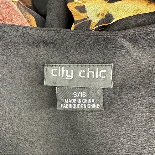 City Chic Malaga Floral Mini Dress in Black size S/16 Bell Sleeve Faux Wrap