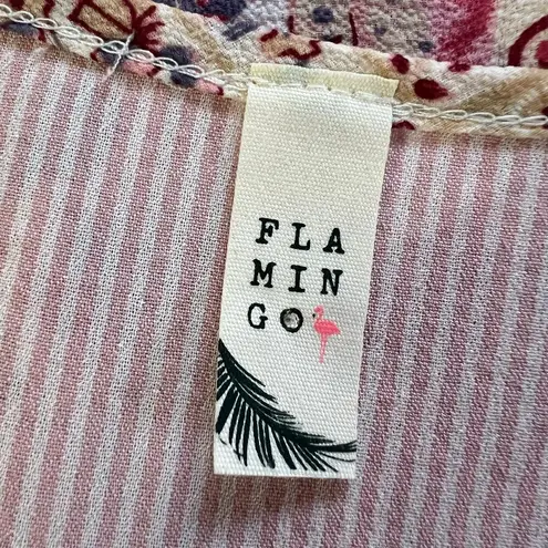 Flamingo Womens Peasant Top Blouse Shirt Stripes Paisley Floral V Neck Pink Med